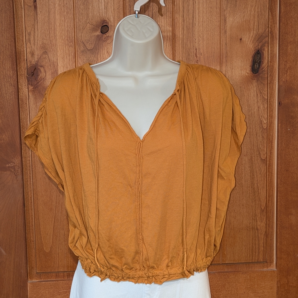 We The Free Yellow Orange Crop Blouse with V-Neck and Ruched Waist
